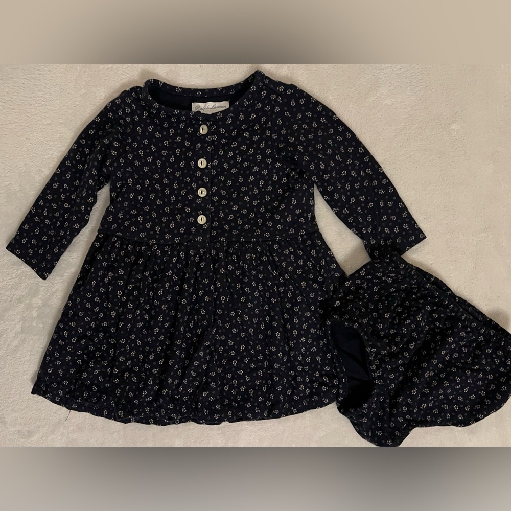 EUC - Polo Ralph Lauren Baby Girl 2PC Long Sleeve Dress (Navy Floral) - Size 3M